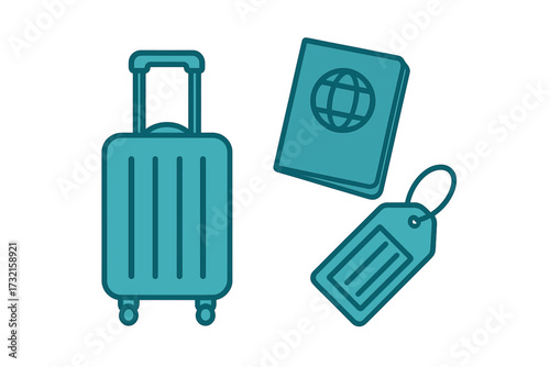 Essential travel accessories including a wheeled suitcase, a passport, and a baggage tag, representing global exploration and vacation journey