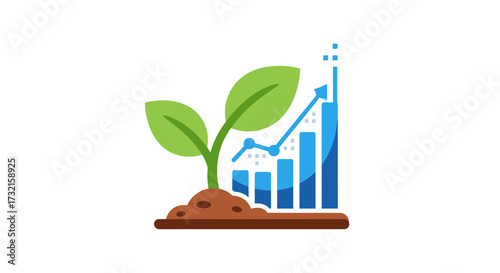 Business growth metaphor depicted through sprouting plant and upward trending chart