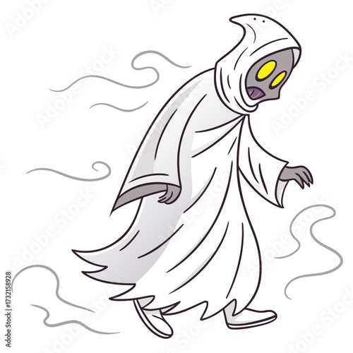 A spectral ghost figure shrouded in mist, wandering with an eerie glow, perfect for halloweenthemed illustrations and spooky designs