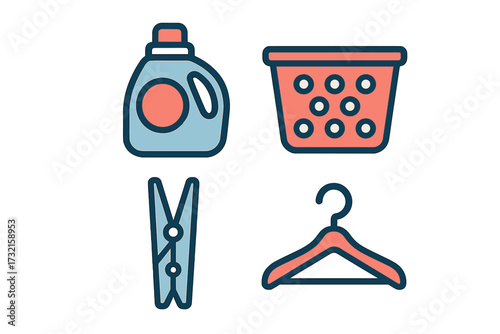 Household laundry items set with detergent bottle, clothes basket, clothespin, and hanger for daily chores
