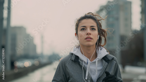 Jogging woman with wireless headphones enjoying a morning run on a city street in cool weather