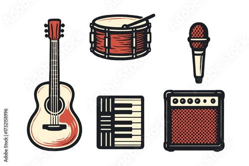 Retro musical instruments and audio equipment featuring guitar, drum, microphone, keyboard, and amplifier