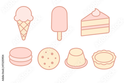 Assortment of delicious sweet desserts and frozen treats in a charming pastel color palette with simple outlines