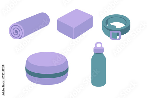 Isometric fitness and wellness equipment set including yoga mat, block, strap, meditation cushion, and water bottle