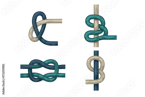 Diverse collection of nautical and utility knots tied with ropes, rendered in a modern polygonal style, suitable for various design projects and themes