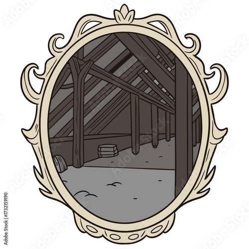 A whimsical cartoon illustration of an attic interior, viewed through an ornate, vintage mirror frame, showcasing the rustic charm and hidden treasures of a forgotten space