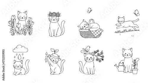 Charming hand-drawn cat illustrations adorned with flowers and nature elements vector