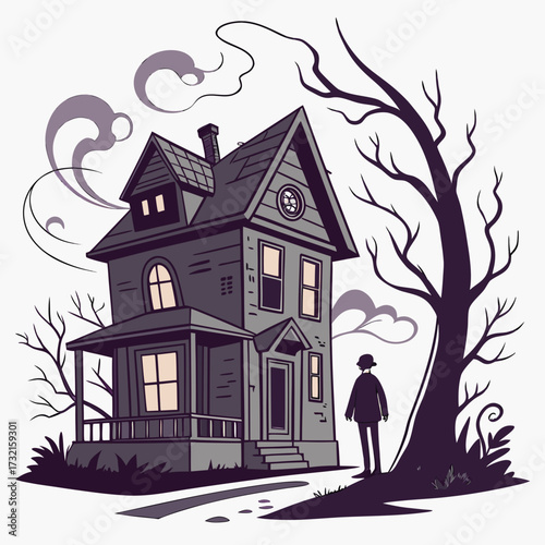 A mysterious figure stands before a haunted house under a smoky sky, creating an atmosphere of suspense and intrigue