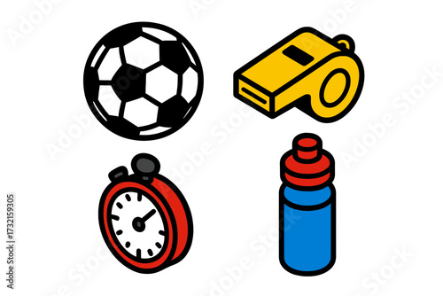 Collection of essential sports equipment including a soccer ball, yellow whistle, red stopwatch, and blue water bottle