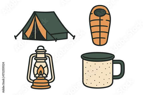 Collection of essential camping and outdoor adventure equipment including a tent, sleeping bag, lantern, and mug