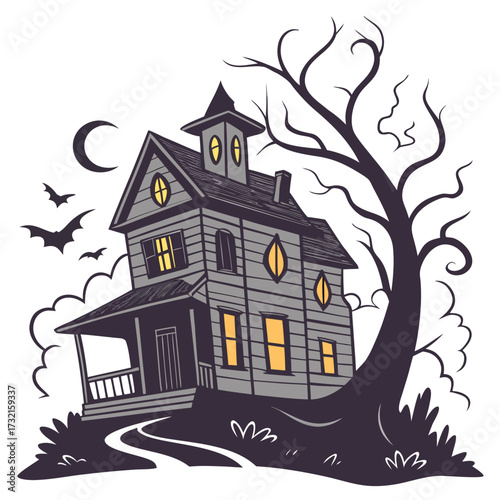 A spooky haunted house with glowing windows stands silhouetted against a moonlit sky, bats flying around, creating a chilling halloween scene