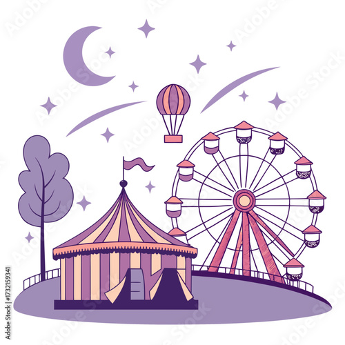 Whimsical amusement park at night illustration with a ferris wheel, circus tent, hot air balloon, moon, and stars a dreamy and magical scene