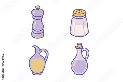 Essential kitchen cooking condiments set featuring salt shaker pepper grinder oil and vinegar cruets