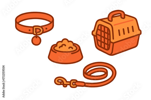 Essential pet care accessories set including collar, leash, food bowl, and carrier for domestic animals, isolated on white background