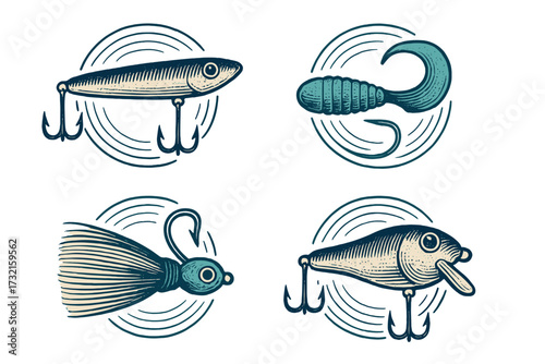 Collection of classic fishing lures, including crankbait, soft plastic worm, jig, and minnow designs for freshwater and saltwater angling