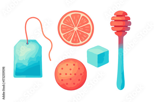 Collection of teatime essentials including a teabag, citrus slice, biscuit, sugar cube, and honey dipper, arranged for a cozy break