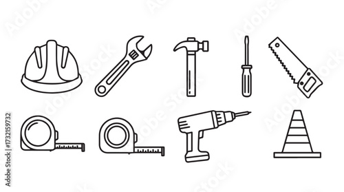 Set of hand drawn construction tools and safety helmet and traffic cone isolated icons vector