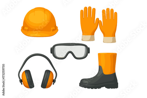 Safety gear set with hard hat, protective gloves, goggles, ear defenders, and work boots for industrial and construction sites