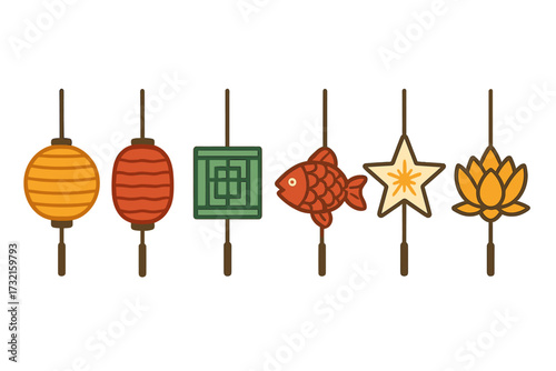 Assortment of vibrant traditional Asian festival lanterns featuring diverse shapes including round, rectangular, fish, star, and lotus designs