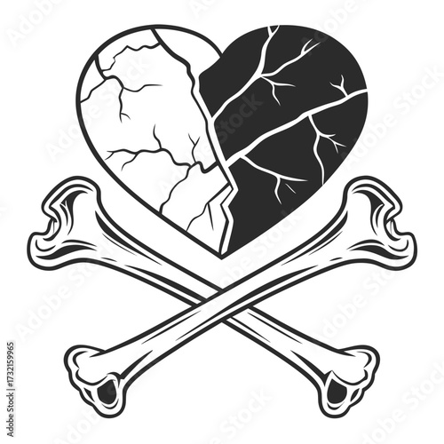 Broken heart with crossbones, representing heartbreak and loss