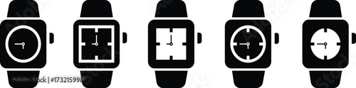 Smartwatch icon set, black wearable watch vector collection and fitness tracker group in flat style, heart rate monitor, time, tech gadget symbol pack, minimal outline design