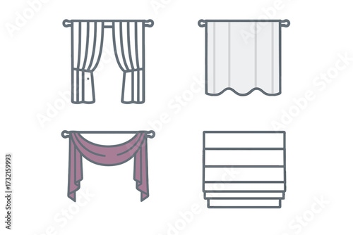 Various window coverings and treatments including drapes, sheer curtains, valances, and blinds for interior design