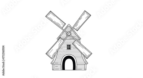 A charming illustration of a rustic wooden windmill with four blades and an arched entrance.