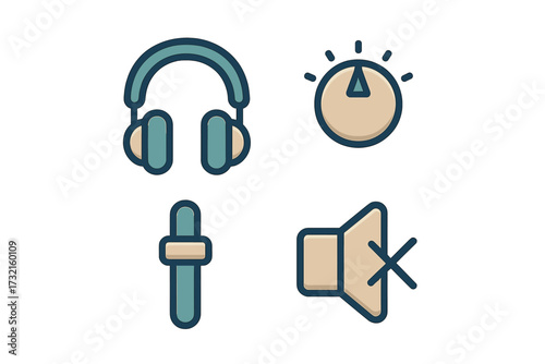 Collection of modern audio control icons for sound and music applications, featuring headphones, volume dial, equalizer slider, and muted speaker symbol