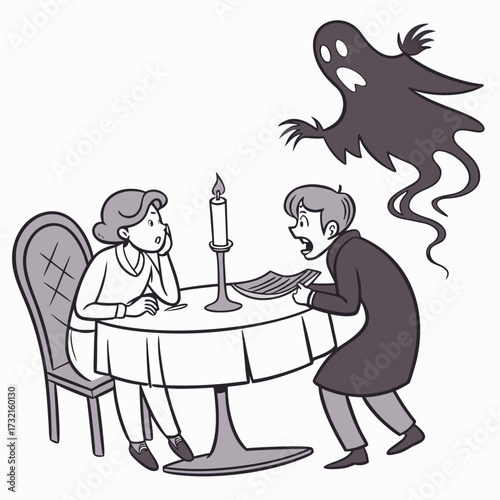 A couple is having dinner when a ghost appears, this illustration is perfect for a halloween theme and can be used for invitations