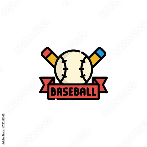 Baseball rests on crossed bats over red banner, symbolizing sport and recreation with vibrant colors and playful style.