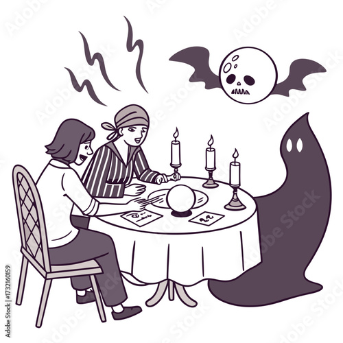A fortune teller is reading the future with a crystal ball for a client, with a ghost and a batwinged skull moon watching over them
