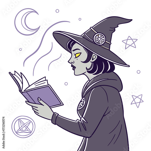 A young witch is reading a spellbook under the moonlight, casting a spell with her magic