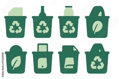 Green recycling bins with various waste types and symbols for environmental conservation