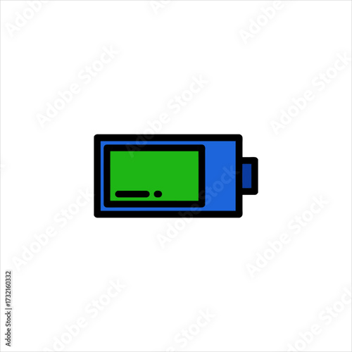 Battery showing full charge on white surface indicates power and energy, signifying readiness and technological advancement.