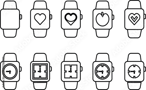 Smartwatch icon set, black wearable watch vector collection and fitness tracker group in line style, heart rate monitor, time, tech gadget symbol pack, minimal outline design