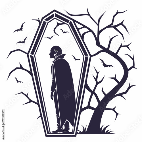 Vampire in coffin silhouette of a vampire standing in a coffin, surrounded by bats and bare trees halloween themed vector illustration