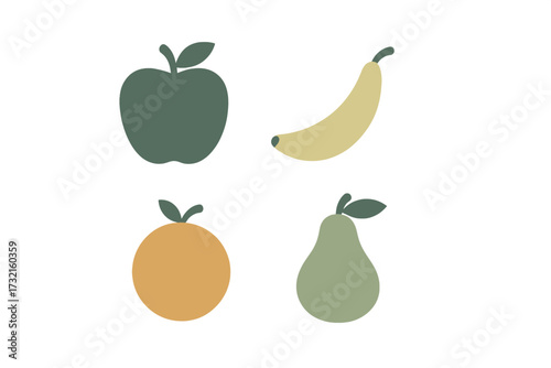 Assortment of fresh healthy fruits including apple banana orange and pear in a modern minimalist flat design style