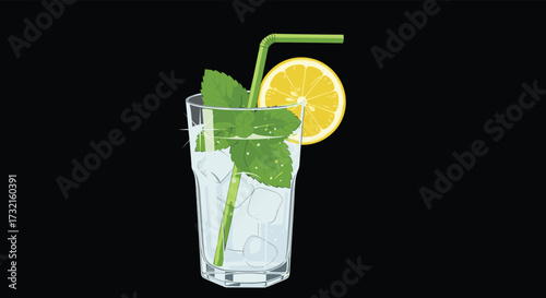 Refreshing mint and lemon infused sparkling water with ice and a straw.