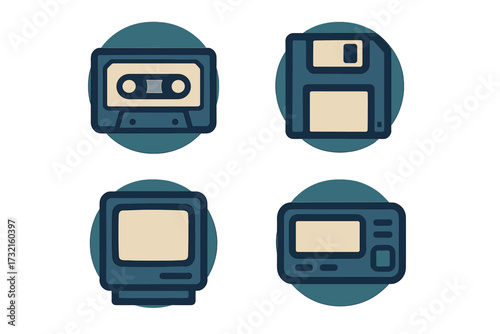 Nostalgic collection of retro technology icons featuring classic data storage, computing, and entertainment devices