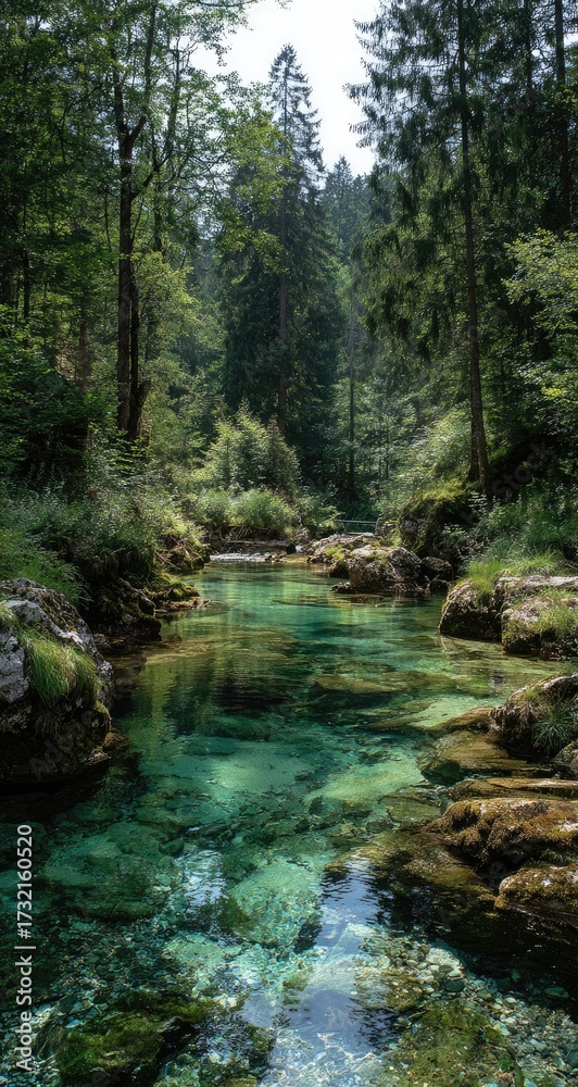 Naklejka premium Crystal-clear river flowing through a lush green forest