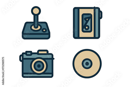 Collection of retro gaming joystick, vintage camera, mobile phone, and compact disc technology icons in a flat style