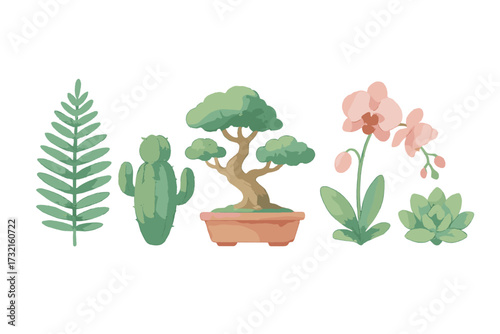 Beautiful watercolor style botanical collection featuring various green plants, a delicate pink orchid, and a potted bonsai tree