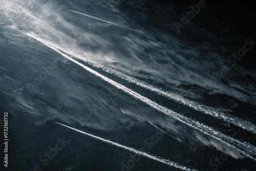 High-altitude contrails crisscross, carving white streaks across a dark, turbulent, and ethereal sky