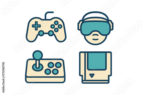 Modern gamepad, virtual reality headset, arcade joystick, and game cartridge representing gaming technology