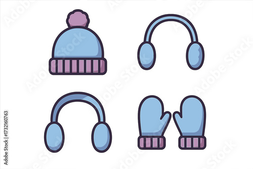 Cozy winter clothing accessories set featuring a knitted beanie hat, comfortable earmuffs, and warm mittens for cold weather