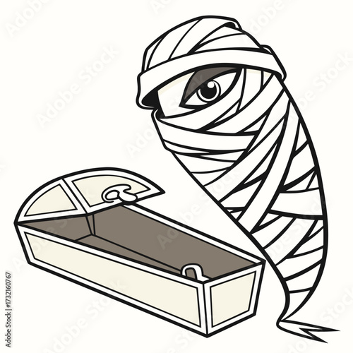 Cartoon mummy emerging from a sarcophagus, showcasing a whimsical take on ancient egyptian lore with clean lines and playful character design