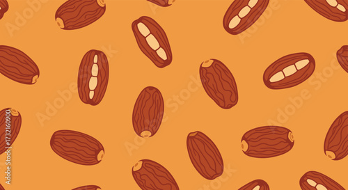 Sweet and nutritious dried dates scattered across a warm orange background creating a delightful food pattern.