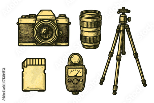 Classic photography equipment collection featuring camera, telephoto lens, tripod, memory card, and light meter