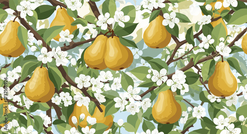 A vibrant orchard showcasing ripe pears amidst delicate white blossoms and green foliage on a clear day.