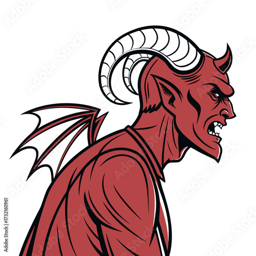 Illustration of a devil with horns and wings, exuding a menacing and sinister aura, ideal for horror, fantasy, or halloweenthemed designs